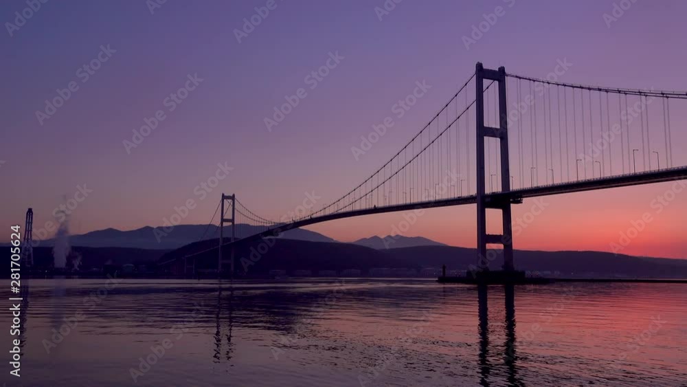 View of bridge in dusk, Muroran, Hokkaido, Japan View of bridge in dusk, Muroran, Hokkaido, Japan