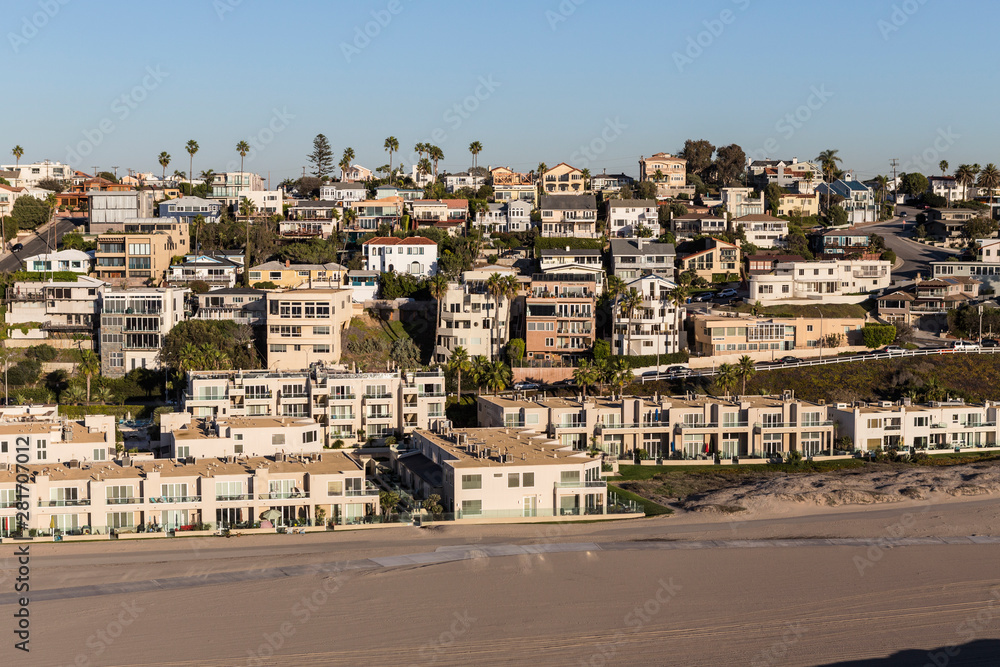 Aerial of ocean view beach housing in the Playa Vista neighborhood of Los Angeles, California.