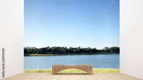 Bench on living room in home with lake view and nature view - Relax area on terrace with lake view and forest view background - 3D Rendering