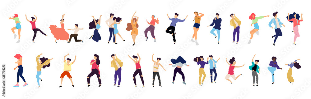 Fototapeta premium Crowd of young people dancing at club. Big set of characters having fun at party. Flat colorful vector illustration. - Vector