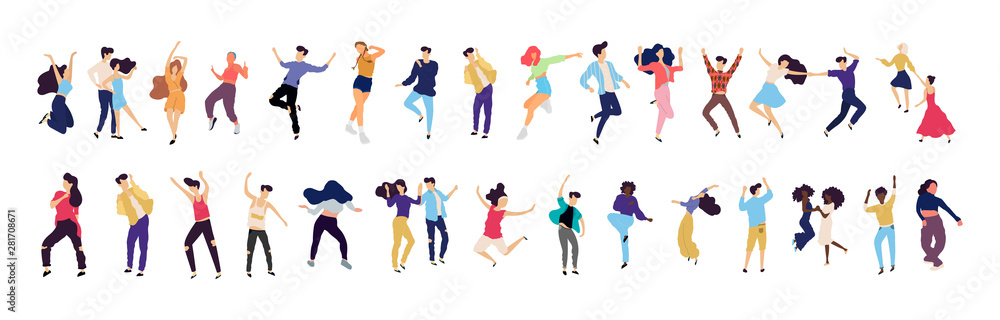 Crowd of young people dancing at club. Big set of characters having fun at party. Flat colorful vector illustration. - Vector