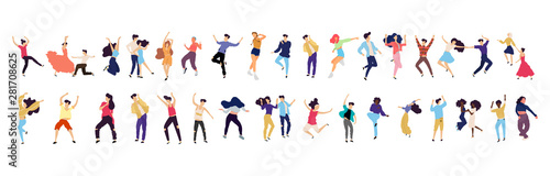 Crowd of young people dancing at club. Big set of characters having fun at party. Flat colorful vector illustration. - Vector