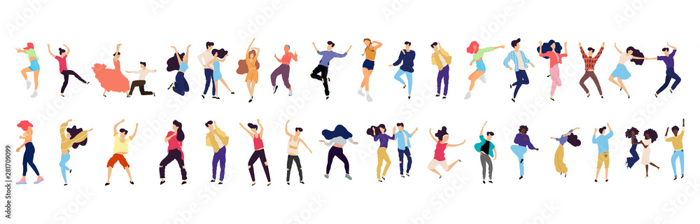 Crowd of young people dancing at club. Big set of characters having fun at party. Flat colorful vector illustration. - Vector