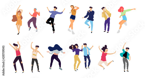 Crowd of young people dancing at club. Big set of characters having fun at party. Flat colorful vector illustration. - Vector