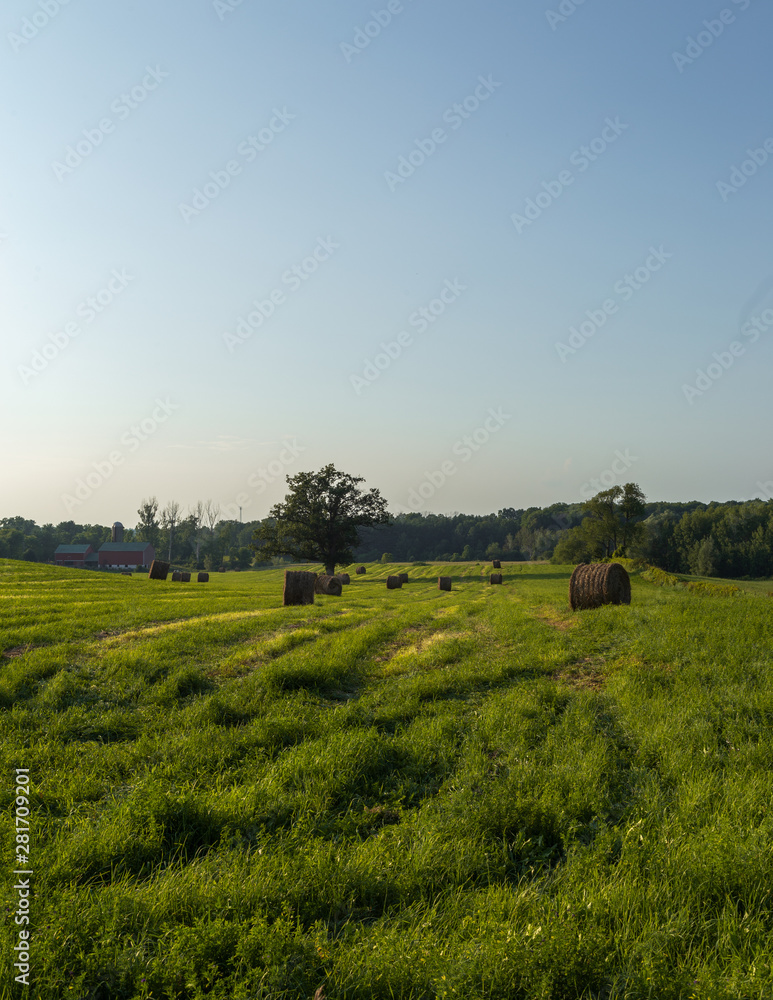 Farmers Field at Sunset With Hay