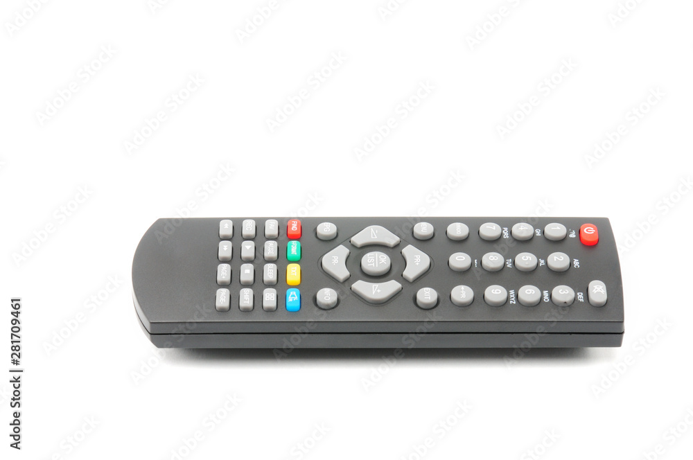 Remote control for digital TV tuners, music players, and disk drives on a white background Remote control for digital TV tuners, music players, and disk drives on a white background