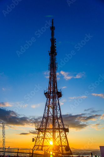 Telecommunications tower at sunset