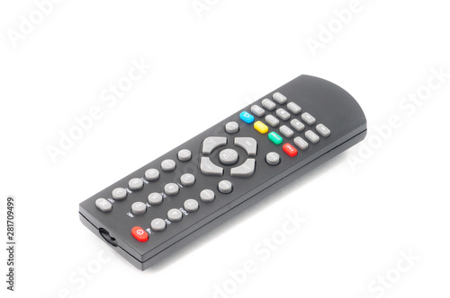 Remote control for digital TV tuners, music players, and disk drives on a white background