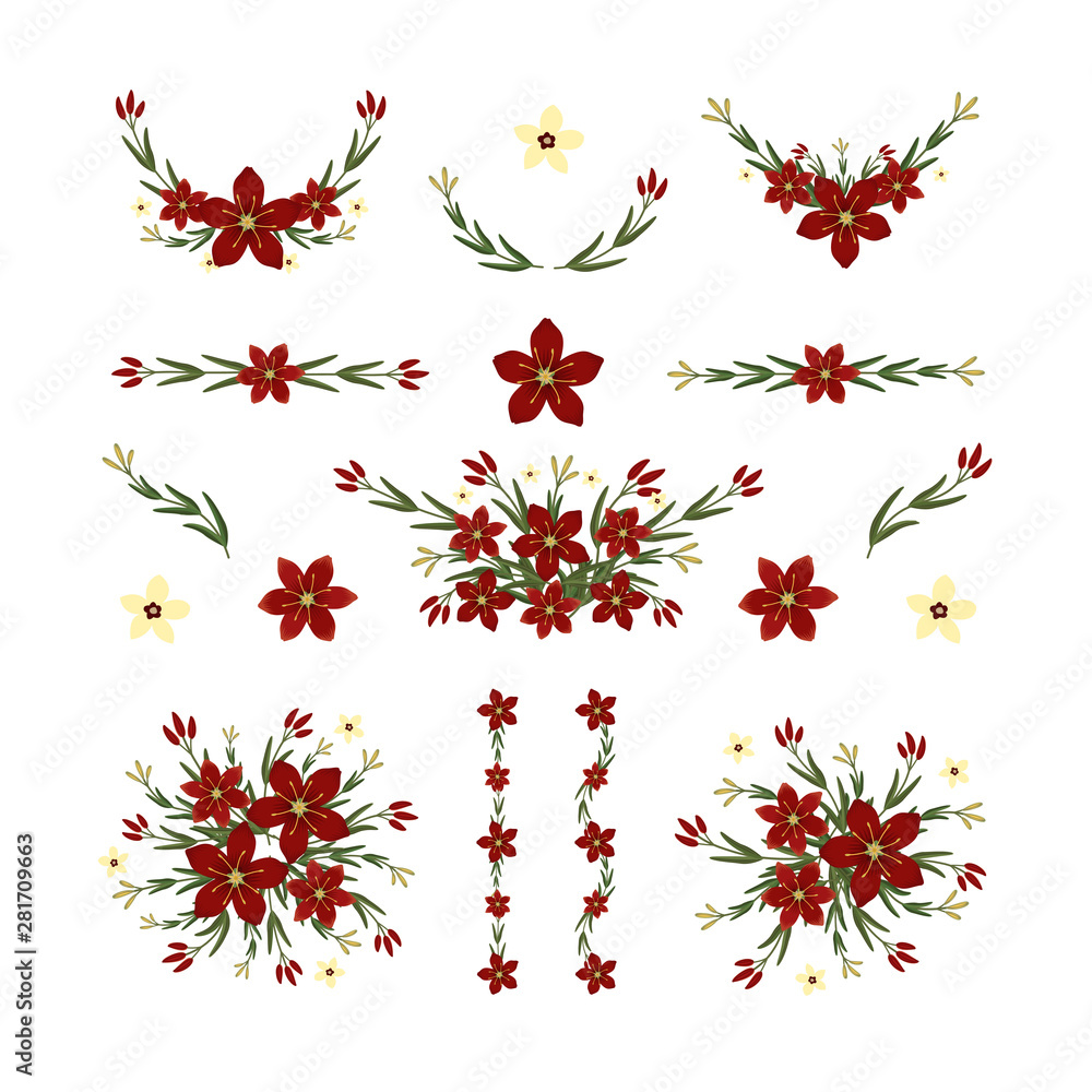 Isolated red cyrtanthus elatus flower elements with branch and leaves. Vector wreath bouquet and decorative object. Set of blooming floral material for graphic design.