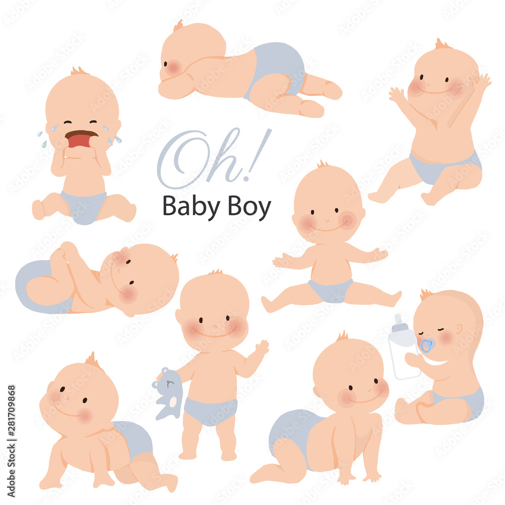 Cute baby or toddler boy in various poses for example standing, crying, sitting, crawling, crying and playing isolated on white background. vector illustration Cute baby or toddler boy in various poses for example standing, crying, sitting, crawling, crying and playing isolated on white background. vector illustration