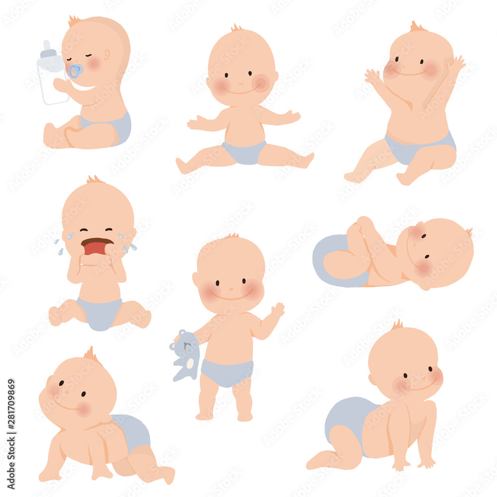 Cute baby or toddler boy in various poses for example standing, crying, sitting, crawling, crying and playing isolated on white background. vector illustration Cute baby or toddler boy in various poses for example standing, crying, sitting, crawling, crying and playing isolated on white background. vector illustration