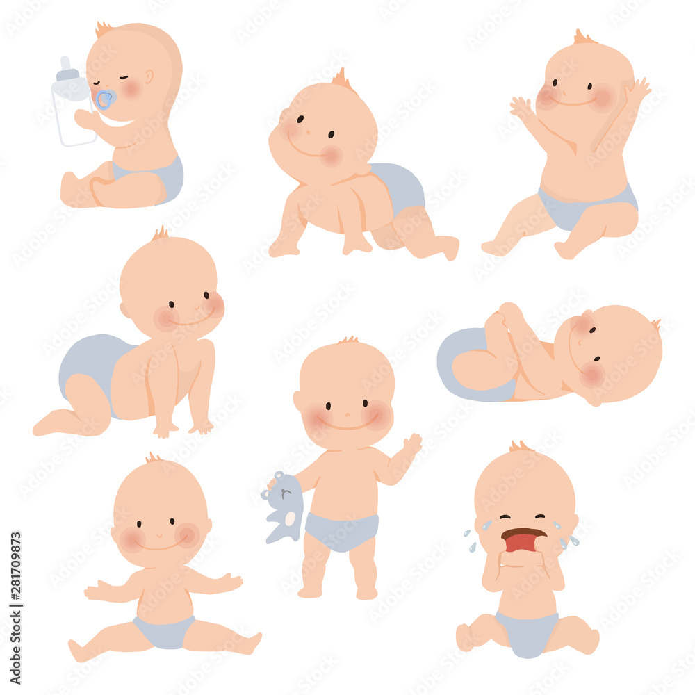Cute baby or toddler boy in various poses for example standing, crying, sitting, crawling, crying and playing isolated on white background. vector illustration