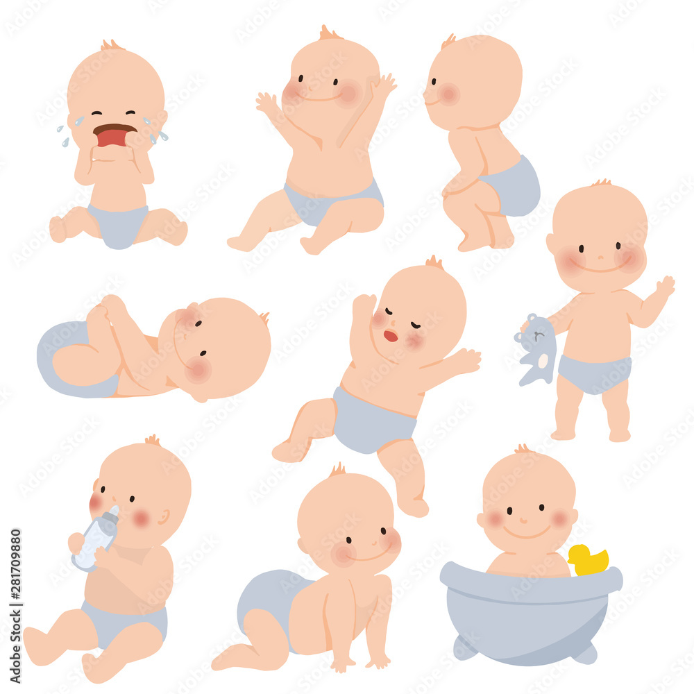 Cute baby or toddler boy in various poses for example standing, crying, sitting, crawling, crying and playing isolated on white background. vector illustration Cute baby or toddler boy in various poses for example standing, crying, sitting, crawling, crying and playing isolated on white background. vector illustration