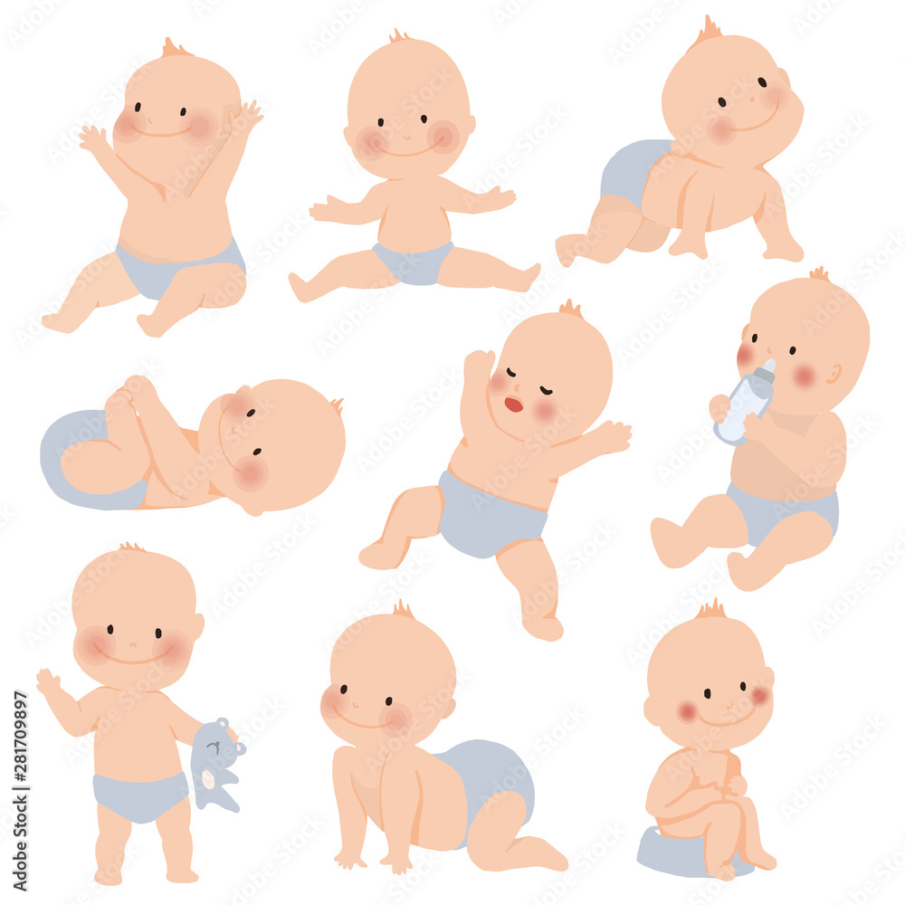 Cute baby or toddler boy in various poses for example standing, crying, sitting, crawling, crying and playing isolated on white background. vector illustration Cute baby or toddler boy in various poses for example standing, crying, sitting, crawling, crying and playing isolated on white background. vector illustration