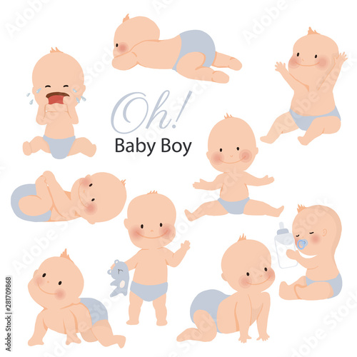Cute baby or toddler boy in various poses for example standing, crying, sitting, crawling, crying and playing isolated on white background. vector illustration