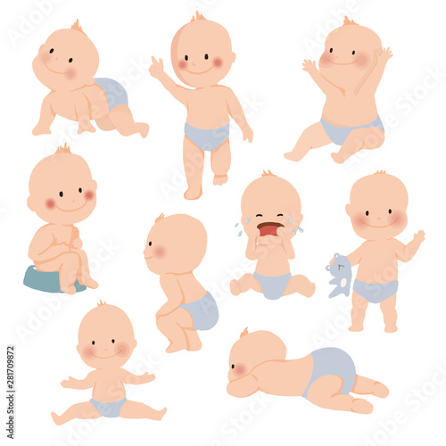Cute baby or toddler boy in various poses for example standing, crying, sitting, crawling, crying and playing isolated on white background. vector illustration