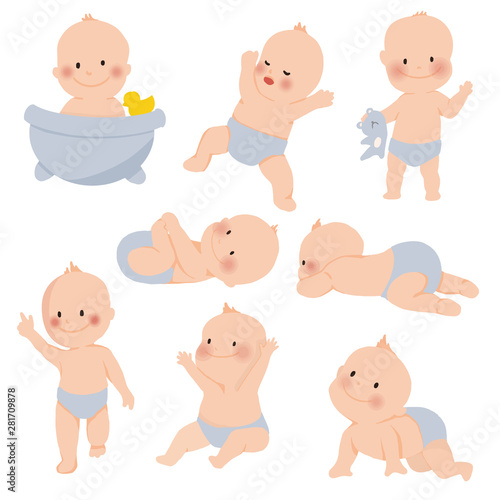 Cute baby or toddler boy in various poses for example standing, crying, sitting, crawling, crying and playing isolated on white background. vector illustration