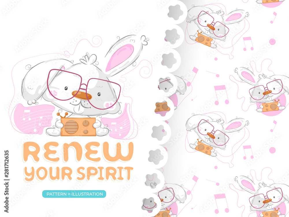 Drawing of cute rabbit with pattern set Drawing of cute rabbit with pattern set