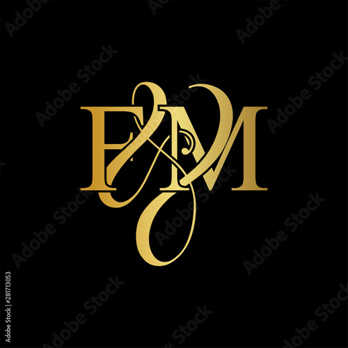 Initial letter F & M FM luxury art vector mark logo, gold color on black background.