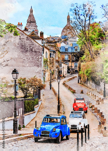 Beautiful Digital Watercolor Painting of the Montmartre Quarter with the Sacre Coeur in the background.