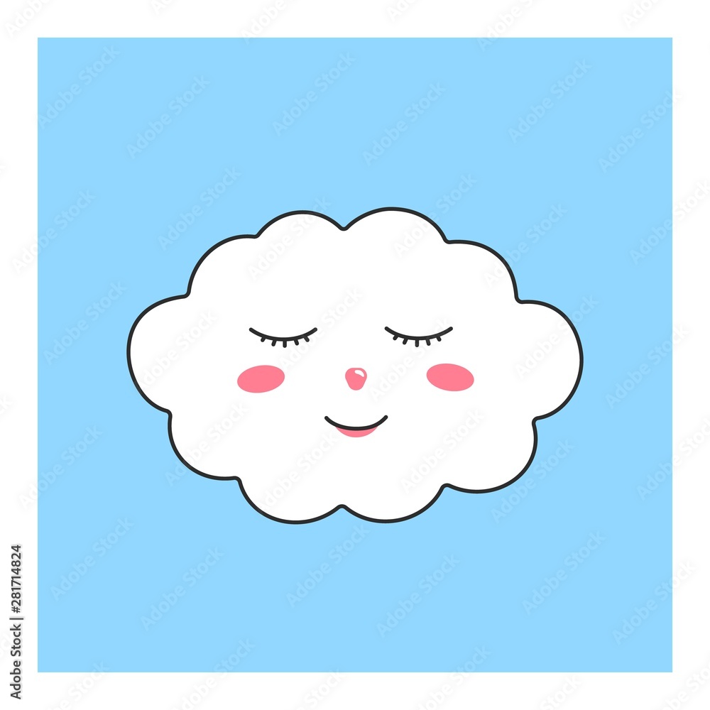 Cute fluffy cloud. Heavenly character for the design of childrens wallpaper, clothes, pattern, fabric, print. Vector character isolated on pastel blue background. Cute fluffy cloud. Heavenly character for the design of childrens wallpaper, clothes, pattern, fabric, print. Vector character isolated on pastel blue background.