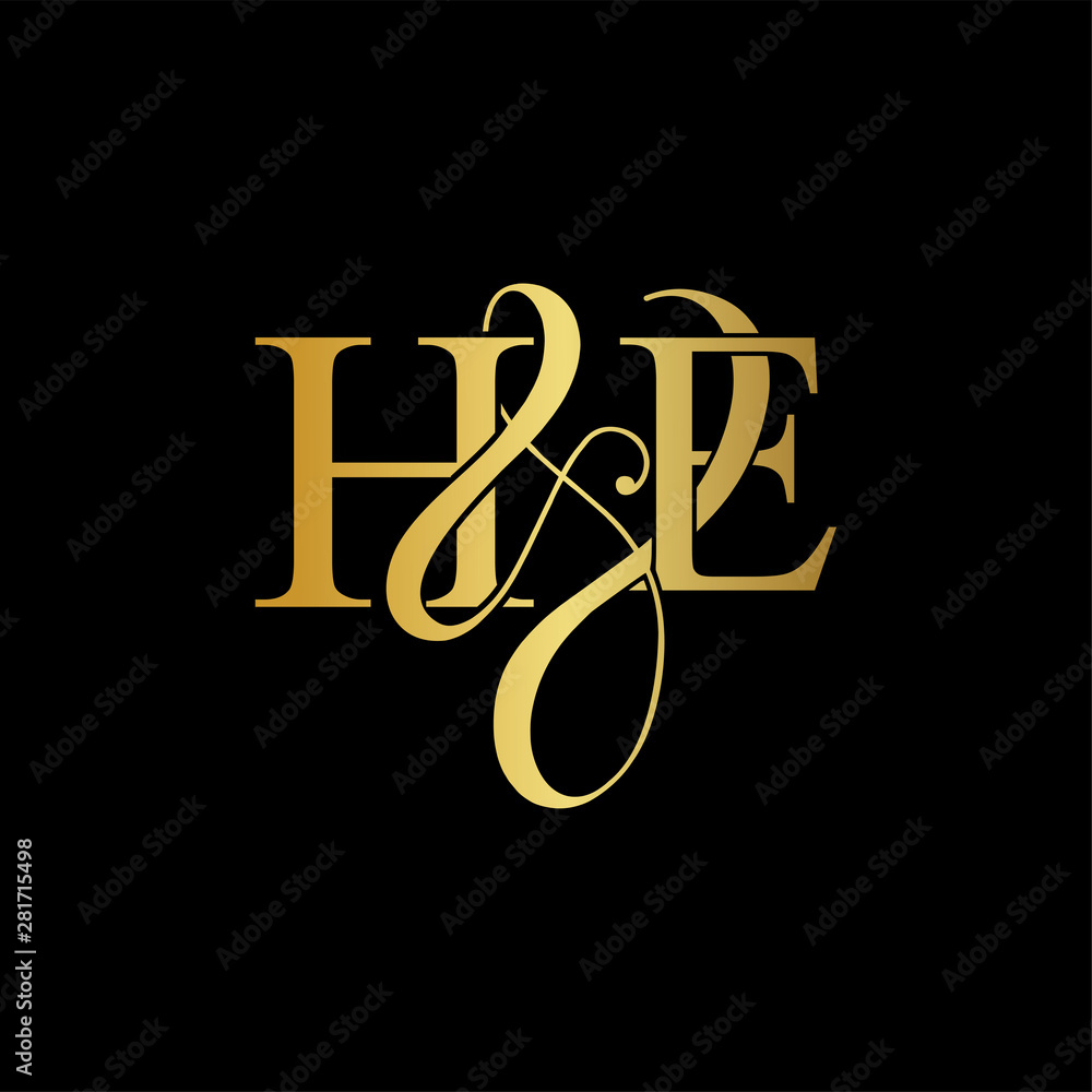 Initial letter H & E HE luxury art vector mark logo, gold color on black background. Initial letter H & E HE luxury art vector mark logo, gold color on black background.
