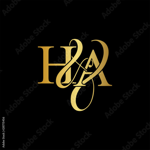 Initial letter H & A HA luxury art vector mark logo, gold color on black background. photo