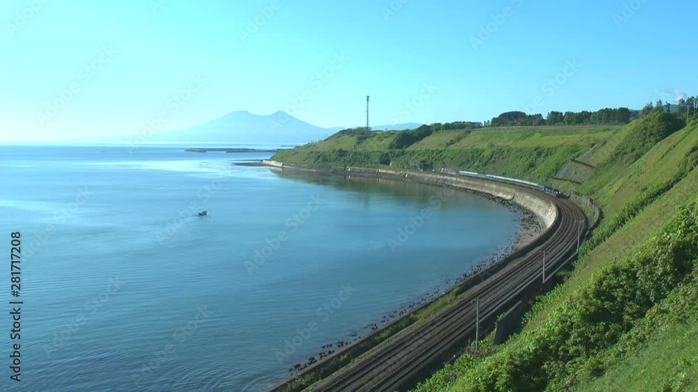 Hakodate Main Line along shore of Uchiura Bay, Yakumo, Hokkaido, Japan Hakodate Main Line along shore of Uchiura Bay, Yakumo, Hokkaido, Japan