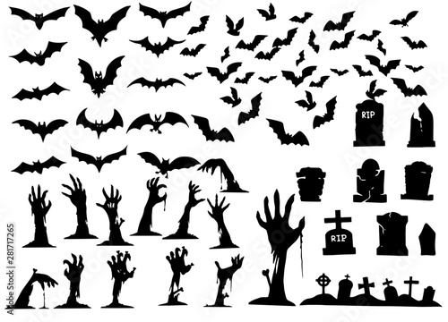 Collection of halloween silhouettes icon , elements for halloween decorations, silhouettes, sketch, icon, sticker. Hand drawn vector illustration