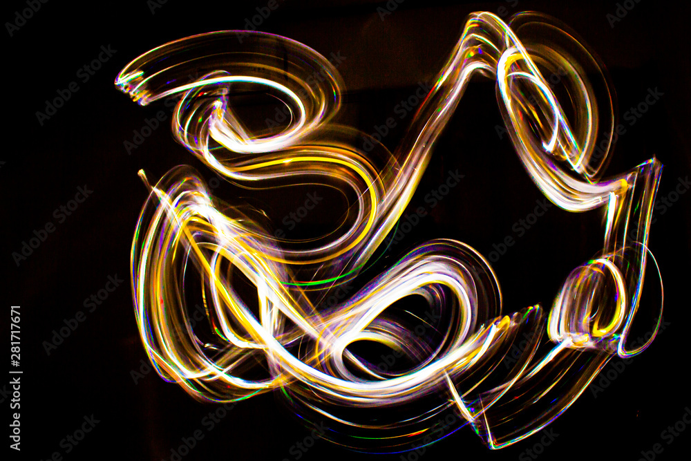 3d illustration. Abstract light painting on black background. Abstract art of iridescent grilling colors. Long exposure
