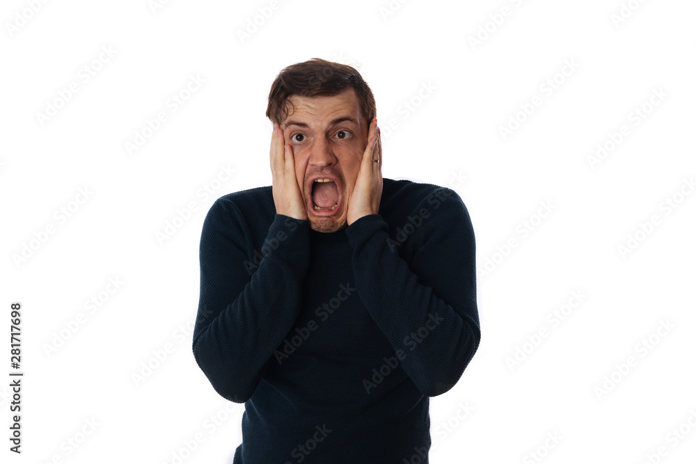 emotional portrait of a crazy man in close-up. concept: the nervous breakdown, mental disease, headaches and migraine. isolated on white background. emotional portrait of a crazy man in close-up. concept: the nervous breakdown, mental disease, headaches and migraine. isolated on white background.