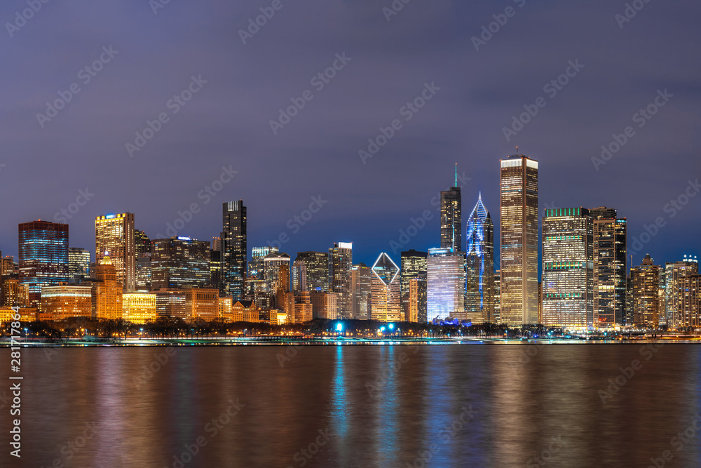 Chicago Cityscape river side along Lake Michigan at beautiful twilight time, Illinois, United States, Business Architecture and building with tourist concept