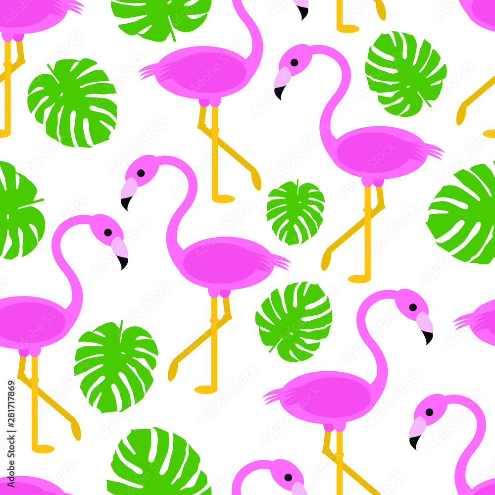 Fototapeta premium Seamless flamingo and monstera leaves on white background tropical pattern vector