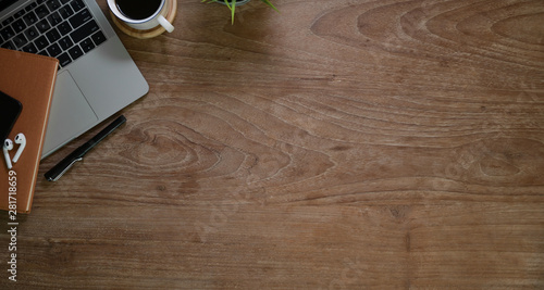 Overhead short of creative workplace with office supplies