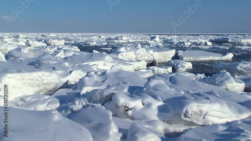 Panning shot of drifting ice in Sea of Okhotsk, Japan photo