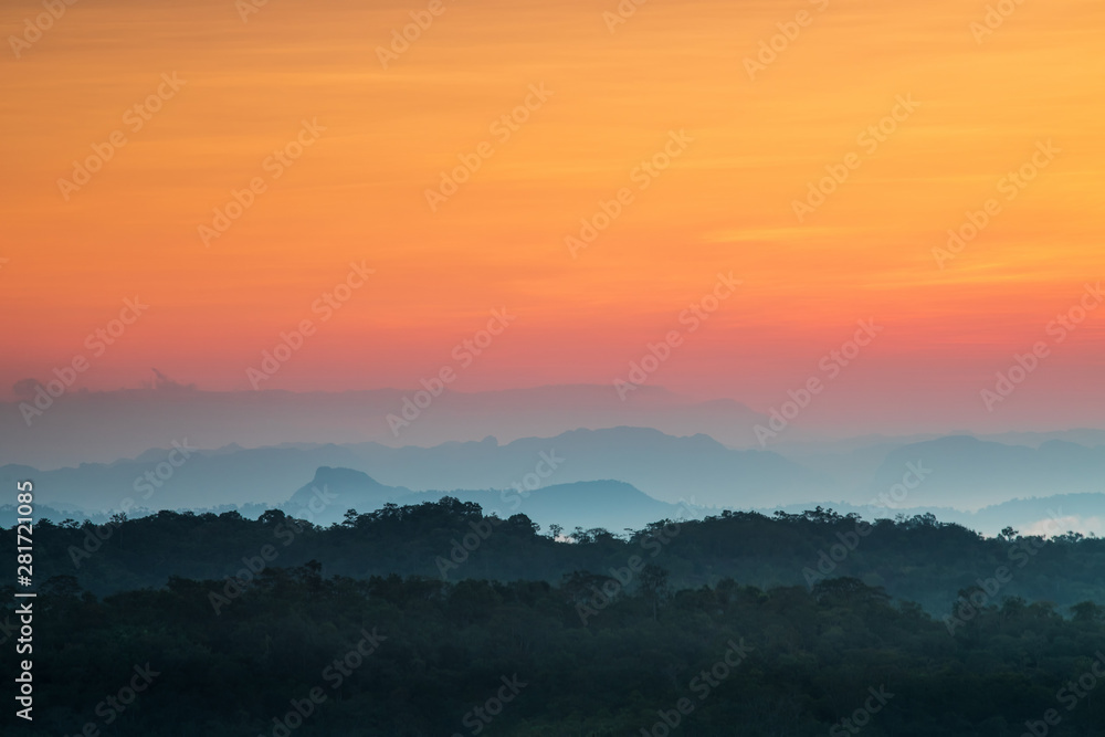 Beautiful sunrise in the Phu Lang ka national park, Nakhonphanom province, Thailand.