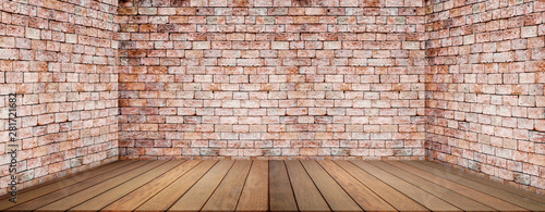 Wood floor and brick wall, empty room for background. Big empty room in grange style with wooden floor, bricks wall