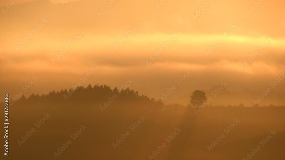 Timelapse of fog shrouding forested hill at orange dawn Timelapse of fog shrouding forested hill at orange dawn