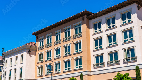 Exterior view of multifamily residential building; Santa Clara, San Francisco bay area, California