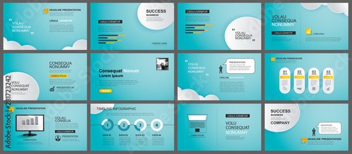 Presentation and slide layout background. Design blue sky and clouds template. Use for business annual report, flyer, marketing, leaflet, advertising, brochure, modern style.