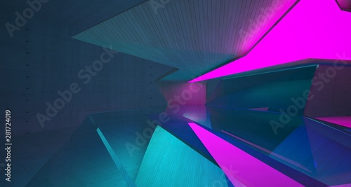 Abstract architectural concrete and wood interior of a minimalist house with color gradient neon lighting. 3D illustration and rendering.