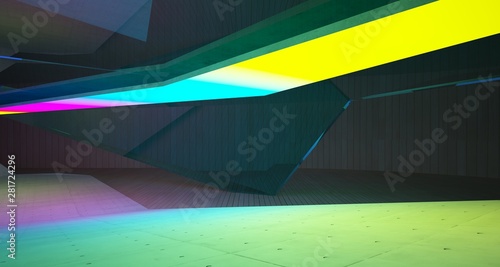 Abstract architectural concrete and wood interior of a minimalist house with color gradient neon lighting. 3D illustration and rendering.