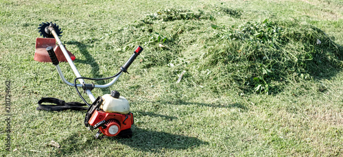 Grass cutter / brush cutter placing on grass field.