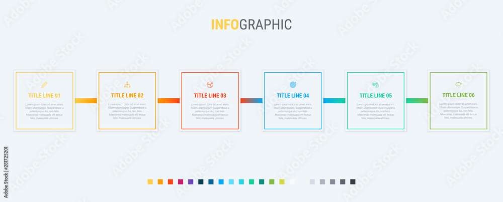 Vector infographics timeline design template with rectangular elements. Content, schedule, timeline, diagram, workflow, business, infographic, flowchart. 6 steps infographic.