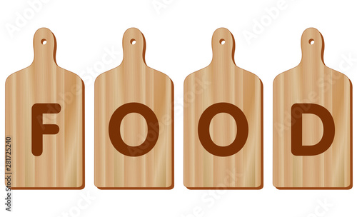 Cutting Boards, FOOD text on paddle shape wood cutting boards, wood grain detail. For kitchen, barbecue and bar. Isolated on white.