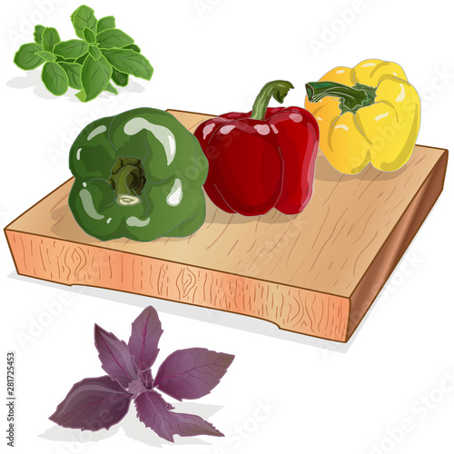 Tasty ripe bell peppers on white background. Vector illustration, separate layers per item