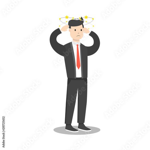 Businessman with flying stars around his head. Flat cartoon style. Vector illustration.