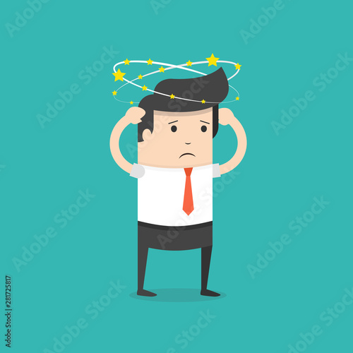 Businessman with flying stars around his head. Flat cartoon style. Vector illustration.