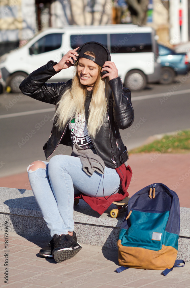 custom made wallpaper toronto digitalLady girl happy smiles, sits skateboard.