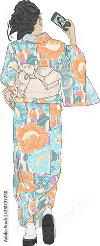 Hand drawn illustration. A young women dressed as a Geisha, in traditional Japanese clothing, a kimono, takes a selfie while walking, with her beautiful face reflected on the phone screen.